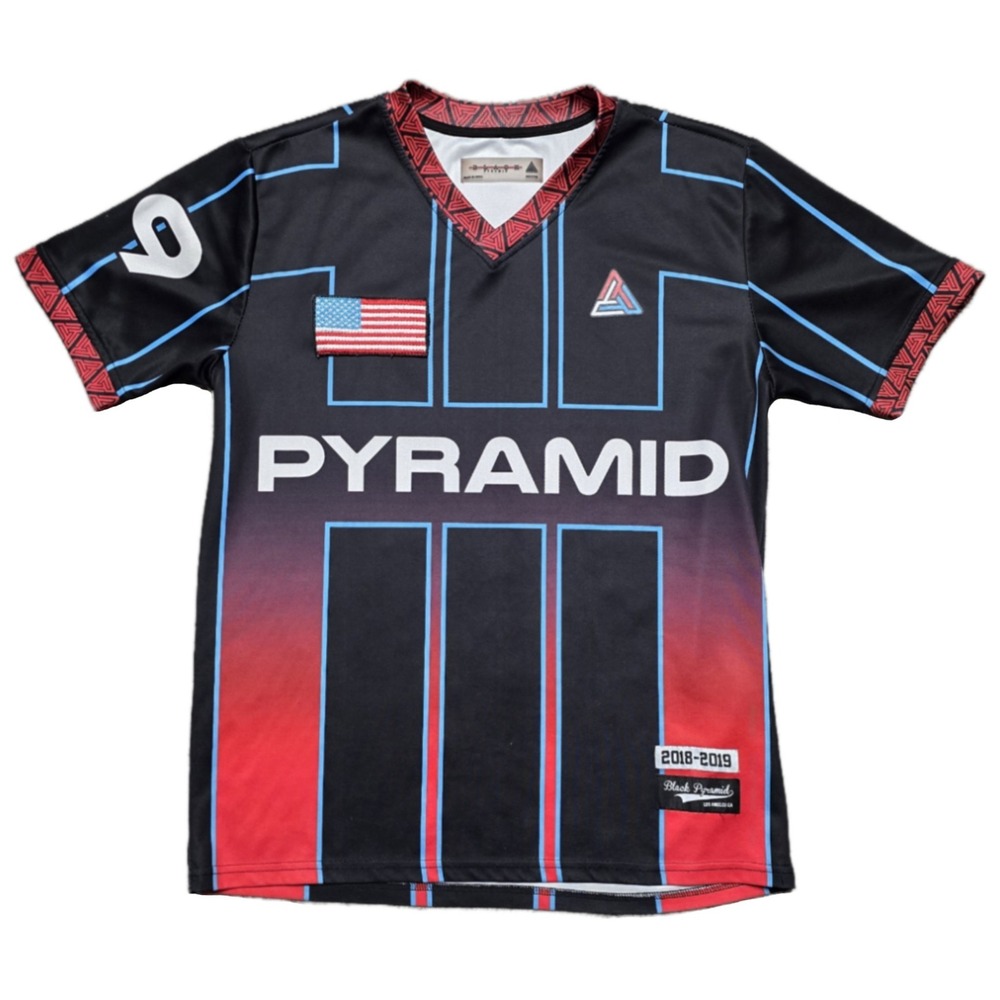 Black Pyramid Jersey Men's M Black Short Sleeve USA Flag Patch‎ Hip Hop